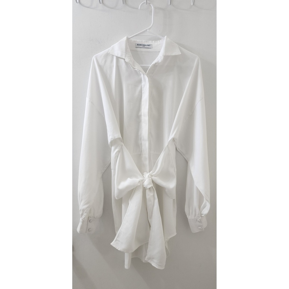 Nonchalant Label White Front Tie Mini Shirt Dress High Low‎ Hem Long Sleeve